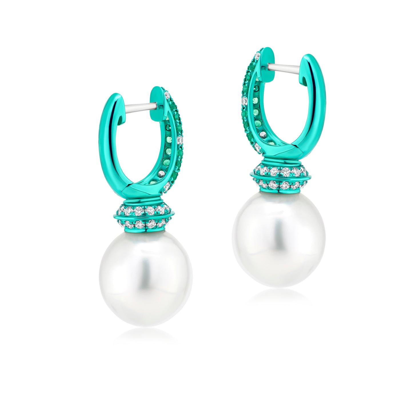 Earring With Pearl,Emerald And Diamond In 18K Gold And Green Rhodium