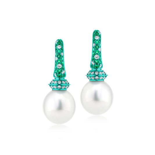Earring With Pearl,Emerald And Diamond In 18K Gold And Green Rhodium
