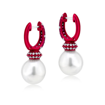 Earring With Pearl,Ruby And Diamond In 18K Gold And Pink Rhodium