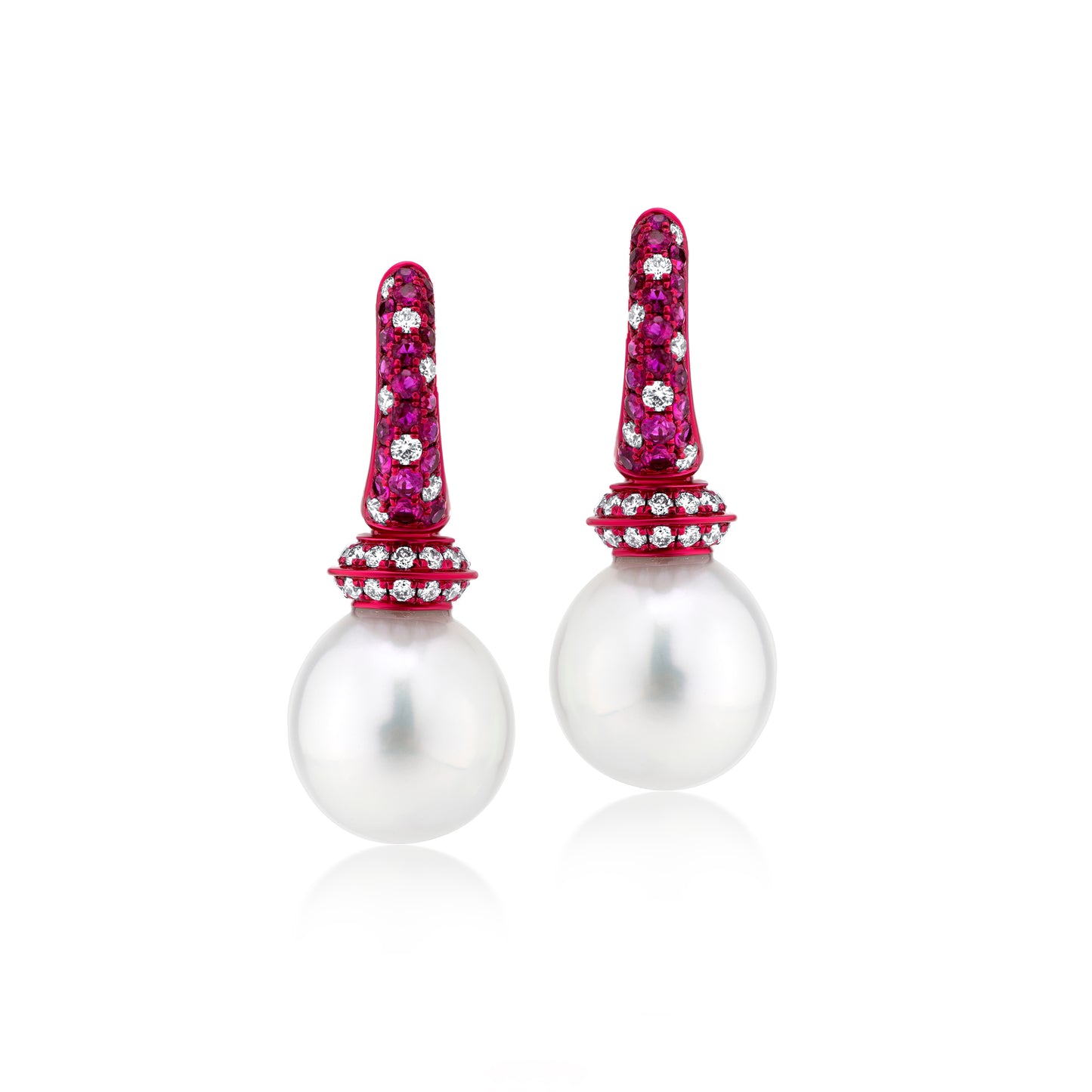 Earring With Pearl,Ruby And Diamond In 18K Gold And Pink Rhodium