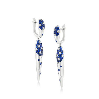 18K White Gold White Diamond And Blue Sapphire Dangle Earring Black Rhodium