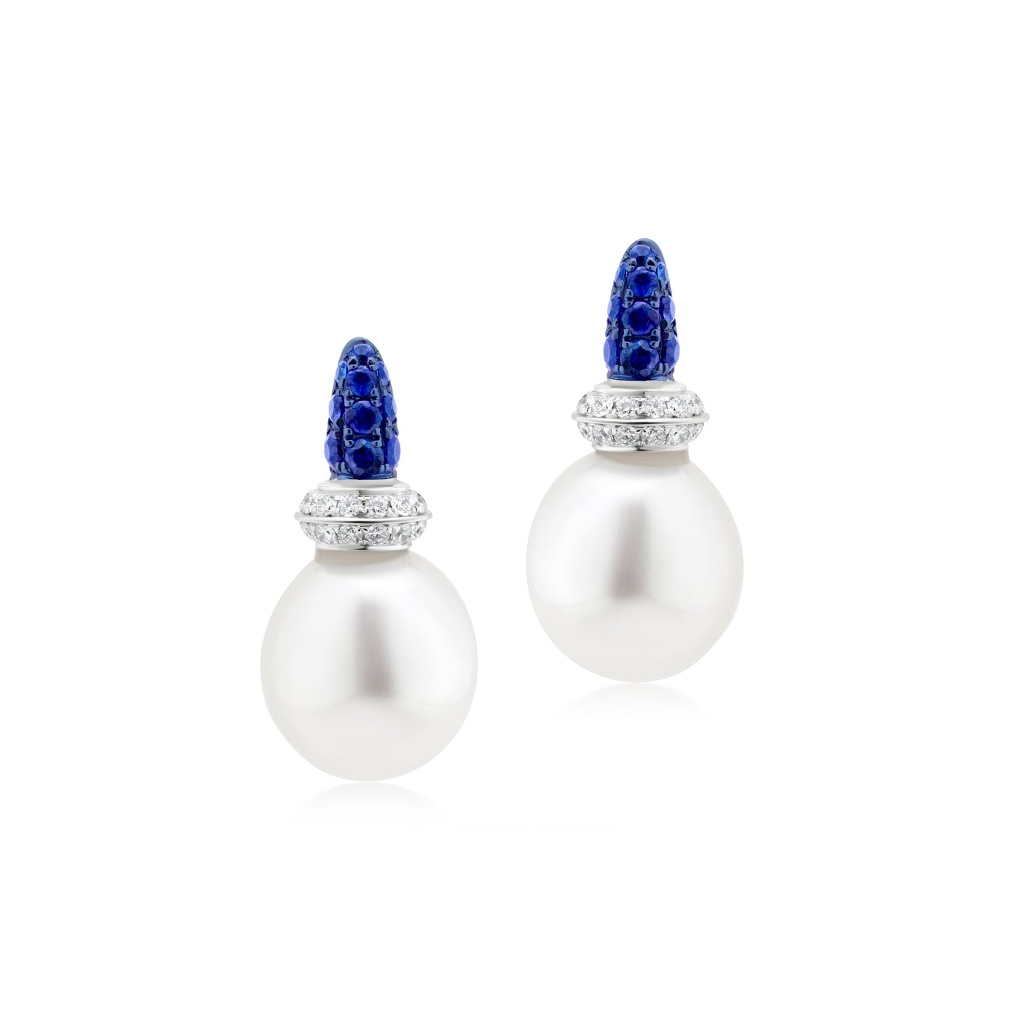 Earring With Pearl,Sapphire And Diamond In 18K White Gold And Blue Rhodium