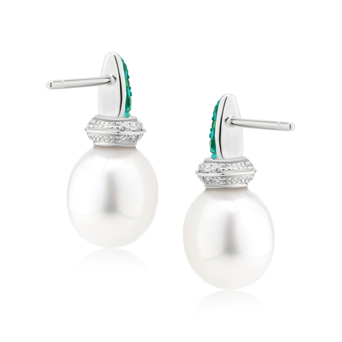 Earring With Pearl,Emerald And Diamond In 18K White Gold And Green Rhodium