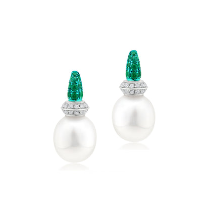 Earring With Pearl,Emerald And Diamond In 18K White Gold And Green Rhodium