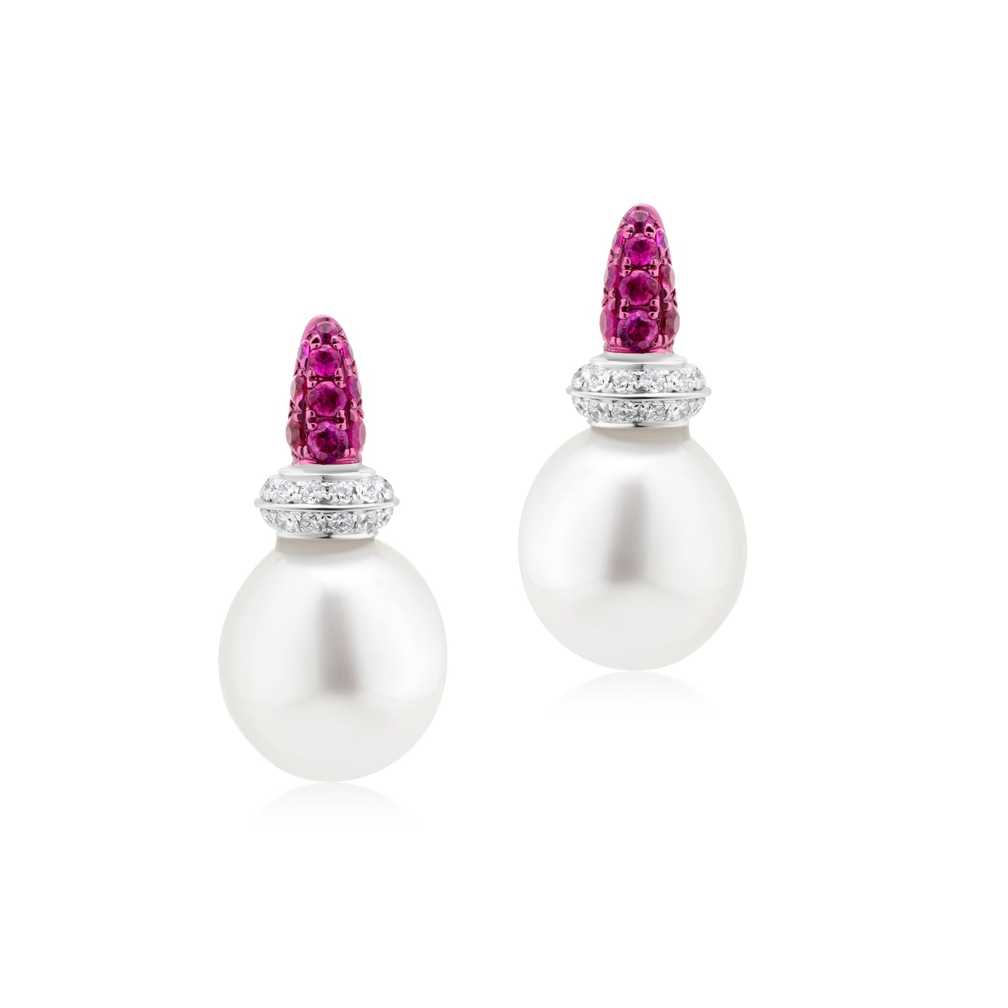 Earring With Pearl,Ruby And Diamond In 18K White Gold And Pink Rhodium