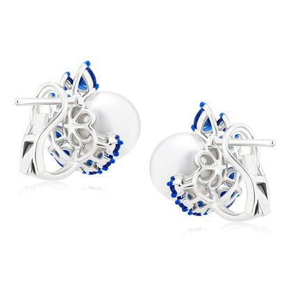 Earring With Pearl And Sapphire In 18K White Gold And Blue Rhodium