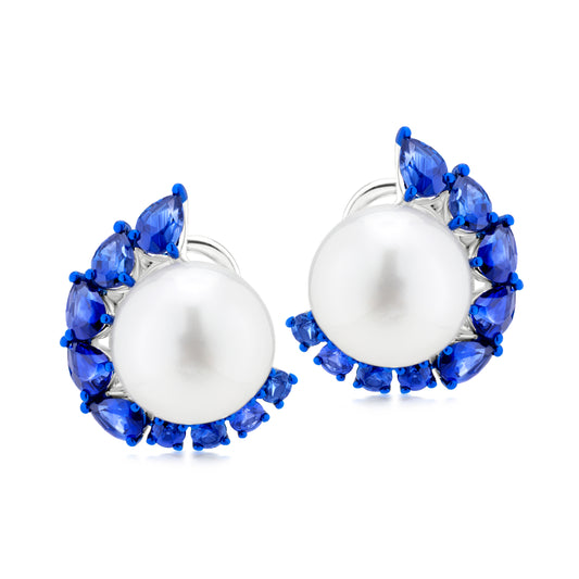 Earring With Pearl And Sapphire In 18K White Gold And Blue Rhodium