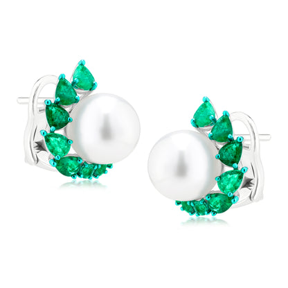 Earring With Pearl And Emerald In 18K White Gold And Green Rhodium