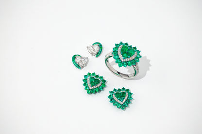 Emerald with Diamond Half Crescent 18K White Gold Heart Stud Earrings