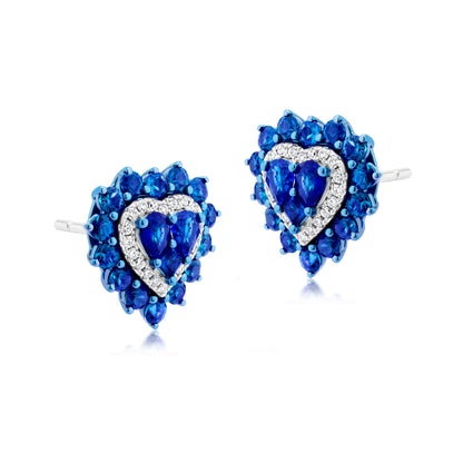 Sapphire and Diamond 18K White Gold Heart Stud Earrings