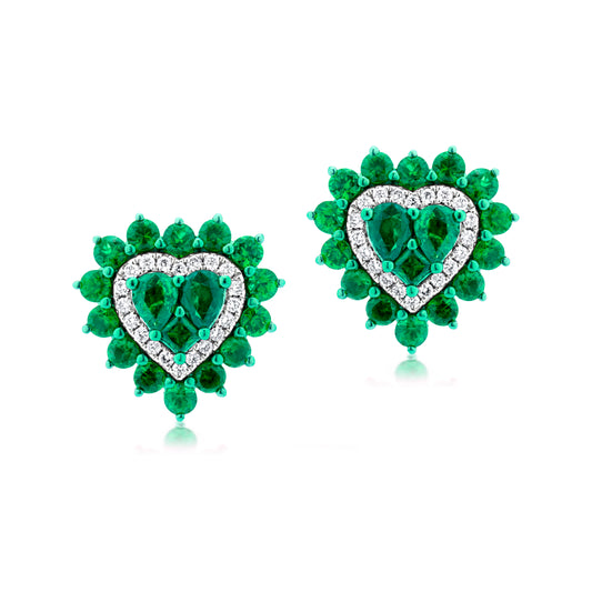 Emerald and Diamond 18K White Gold Heart Stud Earrings
