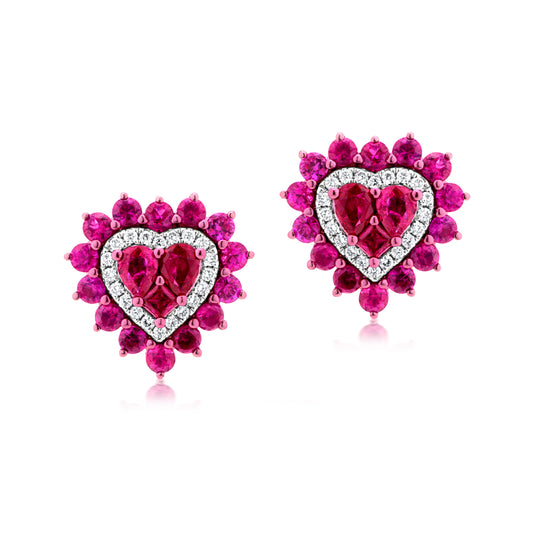 Ruby and Diamond 18K White Gold Heart Stud Earrings