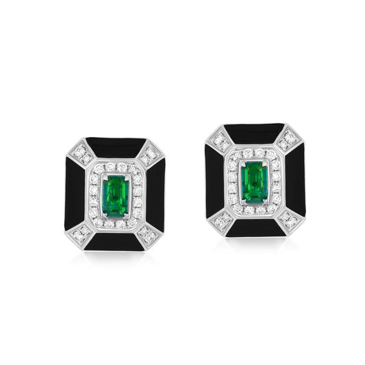 Rectangular Earring With Emerald And Diamond In 18K White Gold