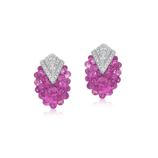 Small Cluster Around Point Earrings With Pink Sapphire And Diamond In 18K White Gold