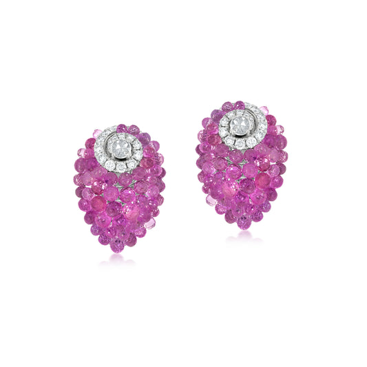 Small Cluster Around Swirl Earrings With Pink Sapphire And Diamond In 18K White Gold