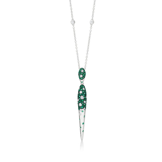18K White Gold Diamond And Emerald Pendant Necklace Black Rhodium