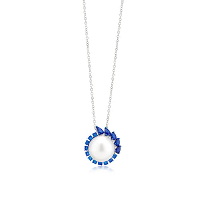 Necklace With Sapphire And Pearl In 18K White Gold And Blue Rhodium