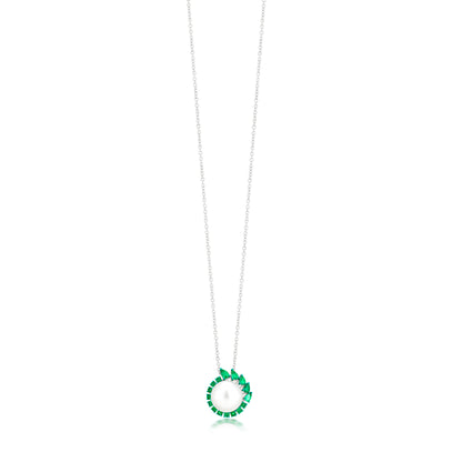 Necklace With Emerald And Pearl In 18K White Gold And Green Rhodium