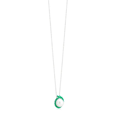 Necklace With Emerald And Pearl In 18K White Gold And Green Rhodium