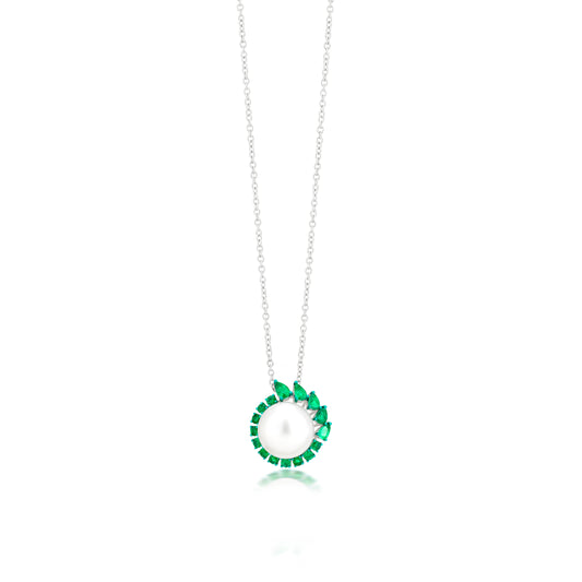 Necklace With Emerald And Pearl In 18K White Gold And Green Rhodium