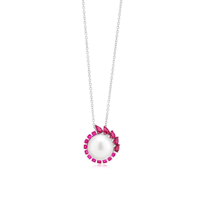 Necklace With Pearl And Ruby In 18K White Gold And Pink Rhodium