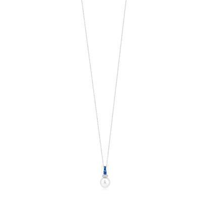 Necklace With Sapphire,Pearl And Diamond In 18K White Gold And Blue Rhodium