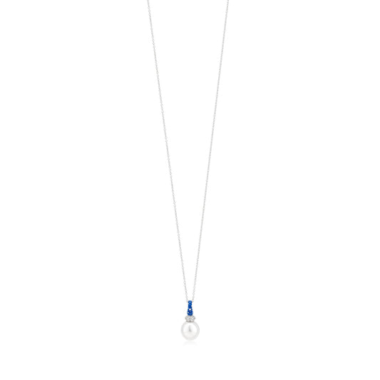 Necklace With Sapphire,Pearl And Diamond In 18K White Gold And Blue Rhodium