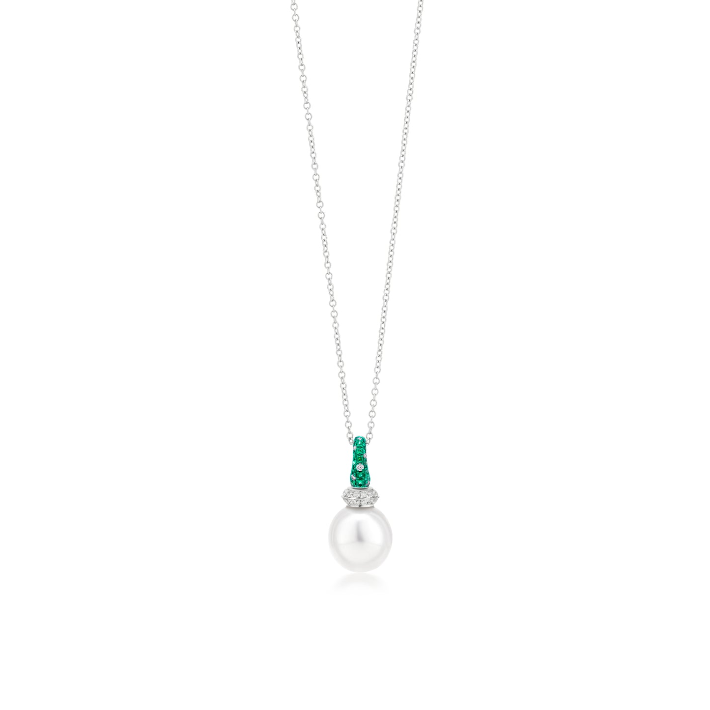 Necklace With Emerald,Pearl And Diamond In 18K White Gold And Green Rhodium
