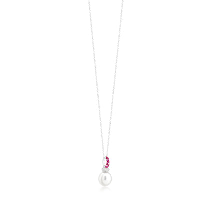 Necklace With Ruby,Pearl And Diamond In 18K White Gold And Pink Rhodium