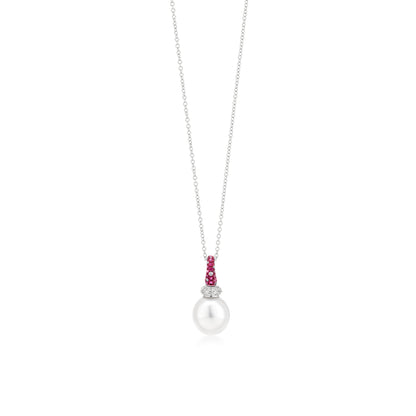 Necklace With Ruby,Pearl And Diamond In 18K White Gold And Pink Rhodium