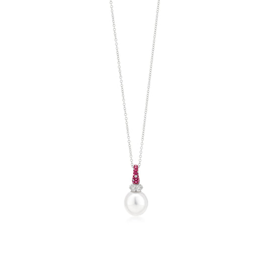 Necklace With Ruby,Pearl And Diamond In 18K White Gold And Pink Rhodium