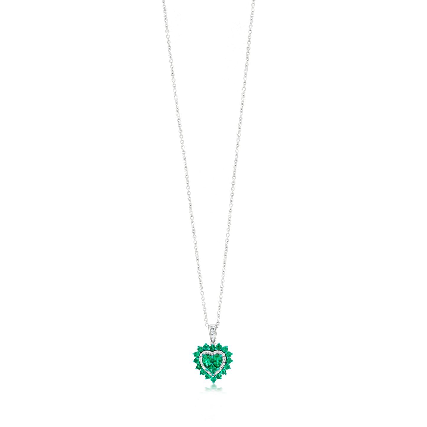 Emerald and Diamond 18K White Gold Heart Pendant Necklace