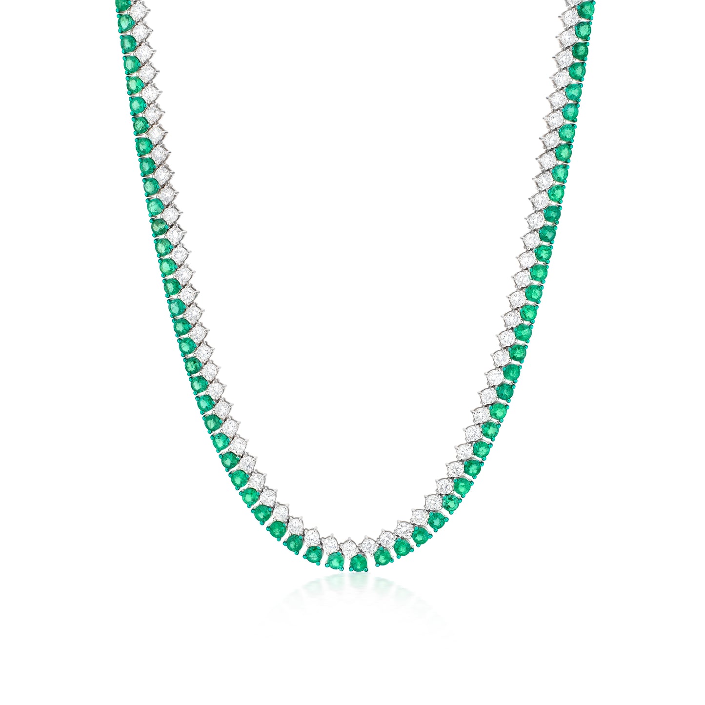 18K White Gold And Green Rhodium White Diamond and Emerald Tennis Necklace