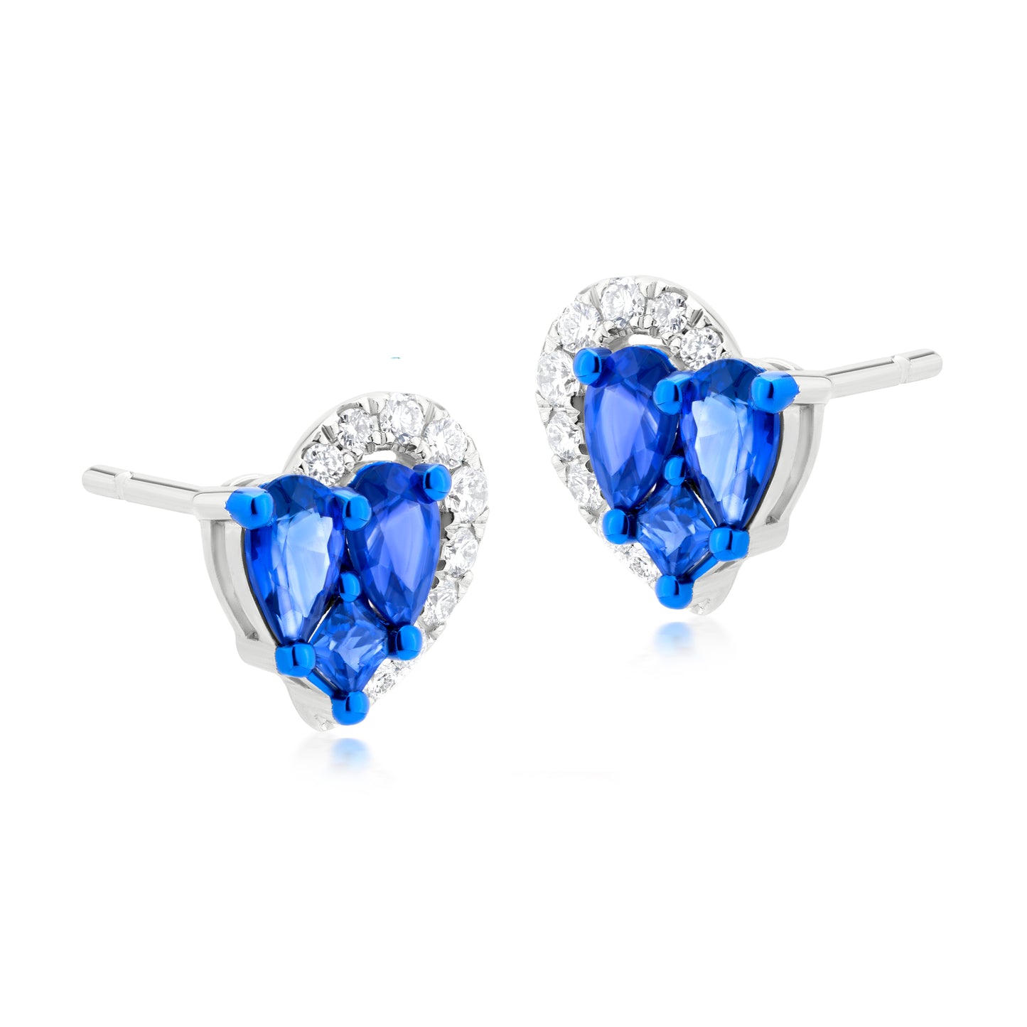Sapphire and Diamond Half Crescent 18K White Gold Heart Stud Earrings