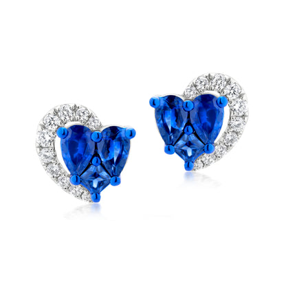 Sapphire and Diamond Half Crescent 18K White Gold Heart Stud Earrings