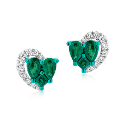 Emerald with Diamond Half Crescent 18K White Gold Heart Stud Earrings
