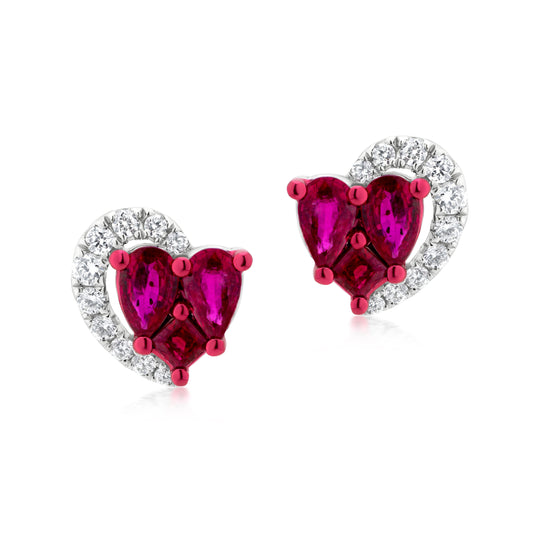 Ruby and Diamond Half Crescent 18K White Gold Heart Stud Earrings