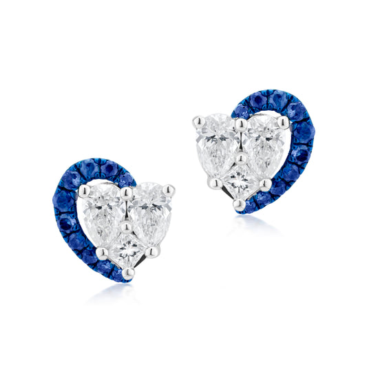 Diamond and Sapphire Half Crescent 18K White Gold Stud Earrings
