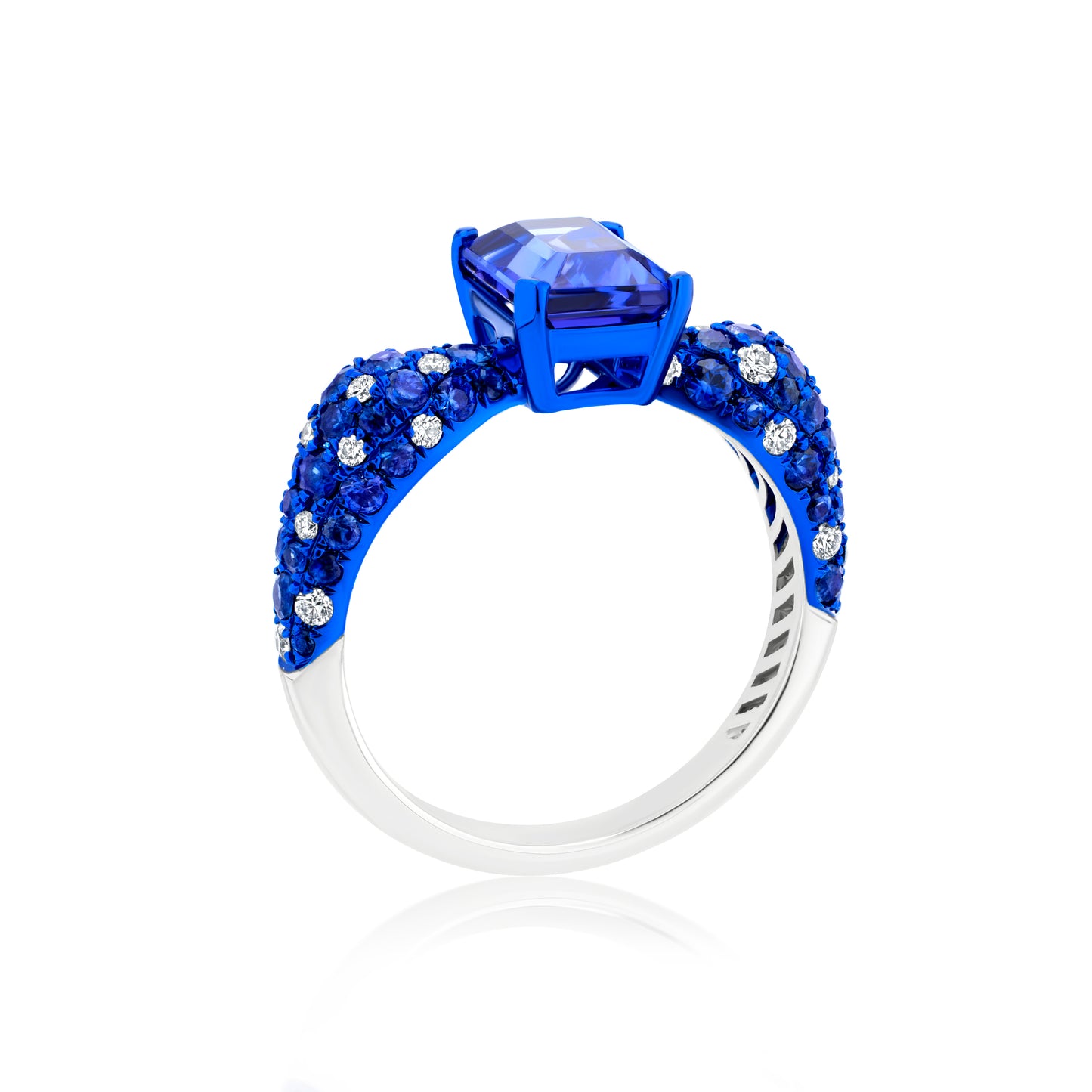 Ring With Sapphire,Tanzanite And Diamond In 18K White Gold And Blue Rhodium