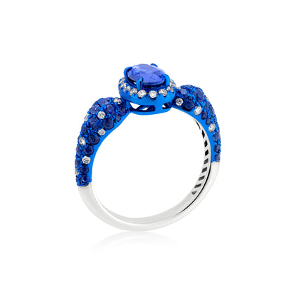18K White Gold Diamond and Blue Sapphire Statement Ring