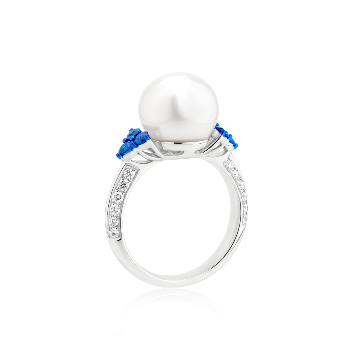 Ring With Pearl,Sapphire And Diamond In 18K White Gold And Blue Rhodium