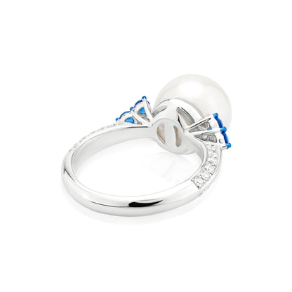 Ring With Pearl,Sapphire And Diamond In 18K White Gold And Blue Rhodium