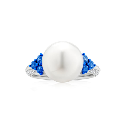 Ring With Pearl,Sapphire And Diamond In 18K White Gold And Blue Rhodium