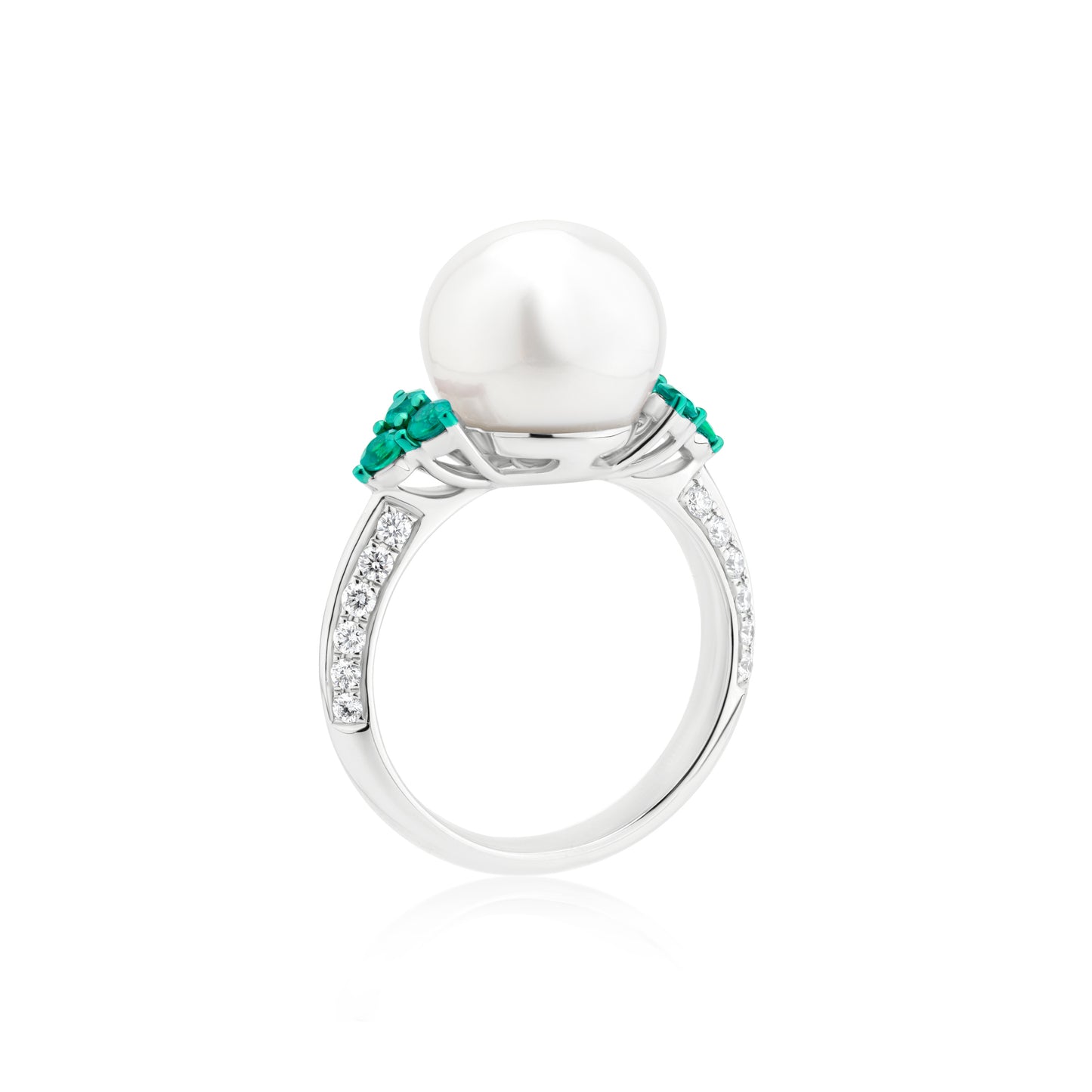 Ring With Pearl,Emerald And Diamond In 18K White Gold And Green Rhodium