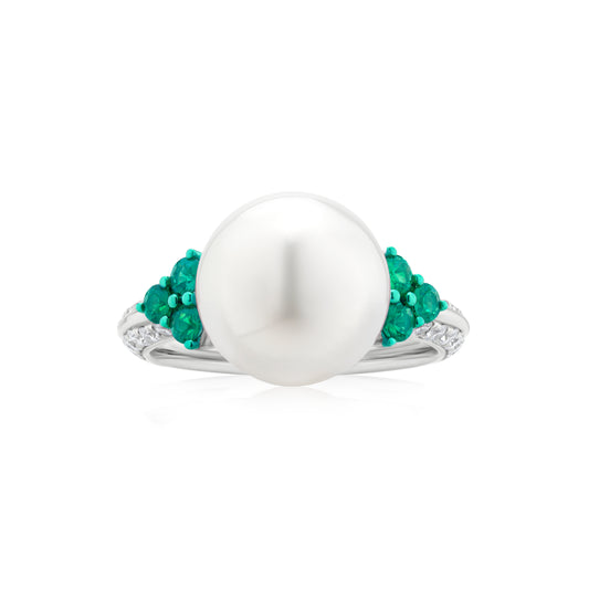 Ring With Pearl,Emerald And Diamond In 18K White Gold And Green Rhodium