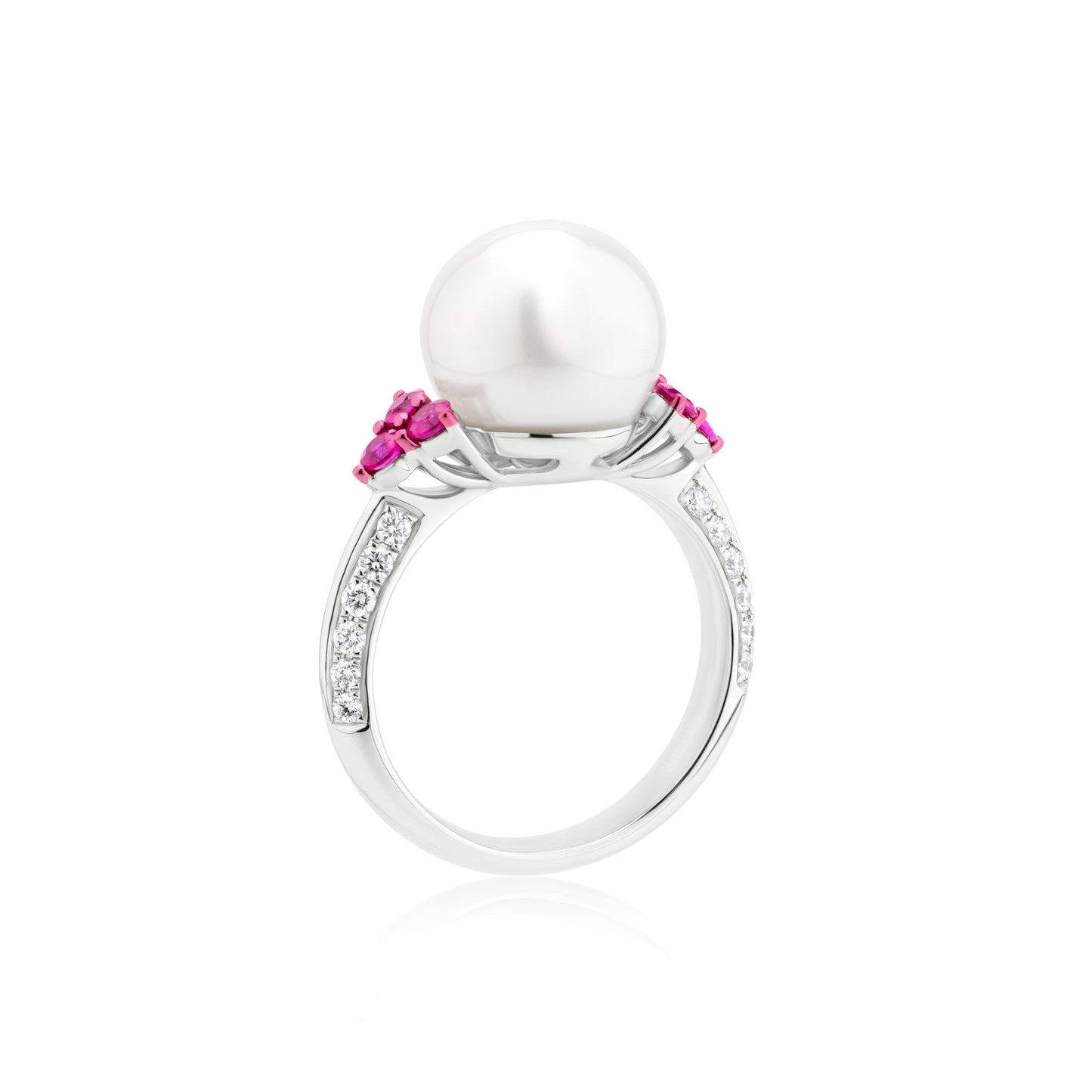 Ring With Pearl,Ruby And Diamond In 18K White Gold And Pink Rhodium