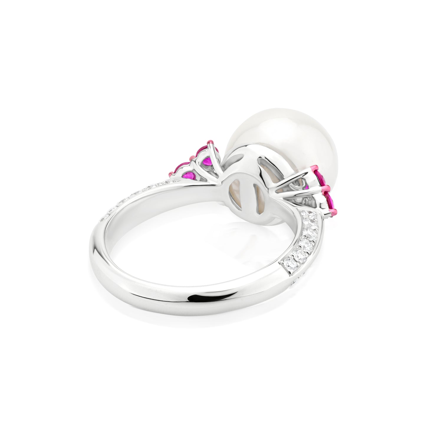 Ring With Pearl,Ruby And Diamond In 18K White Gold And Pink Rhodium