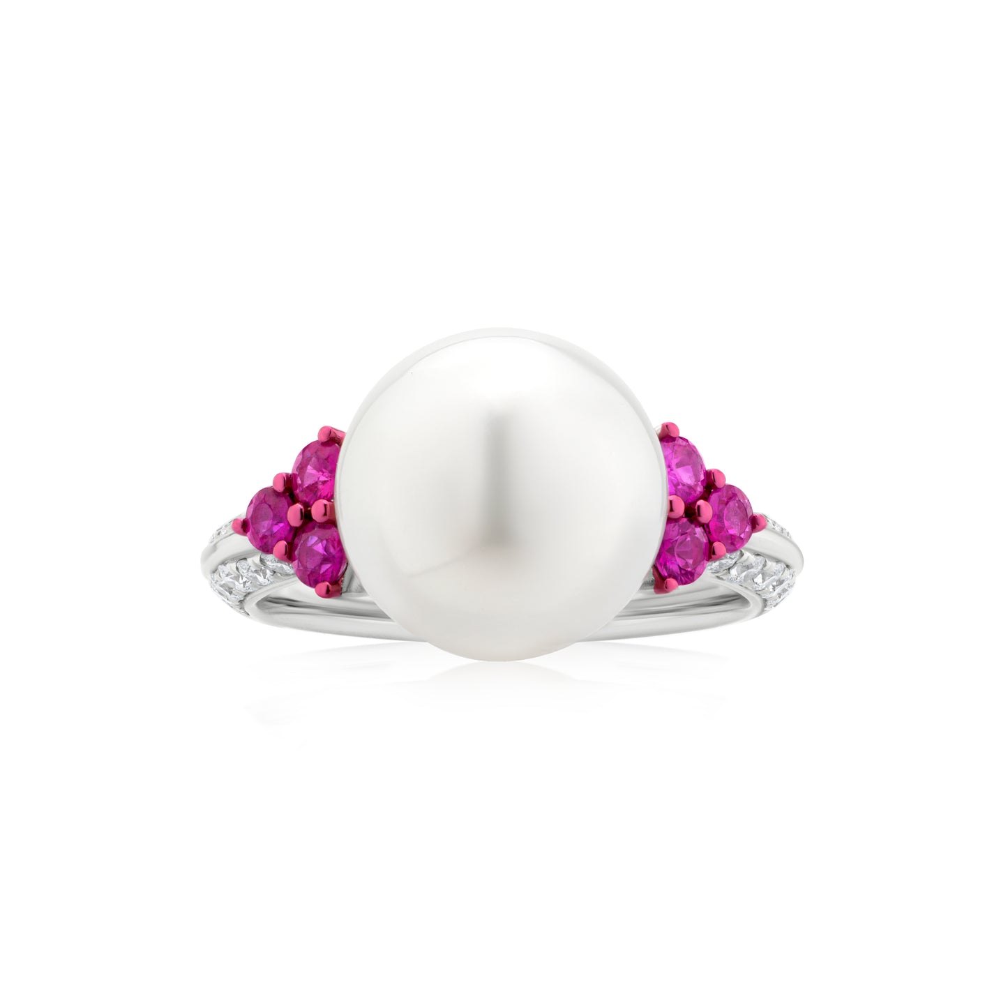 Ring With Pearl,Ruby And Diamond In 18K White Gold And Pink Rhodium