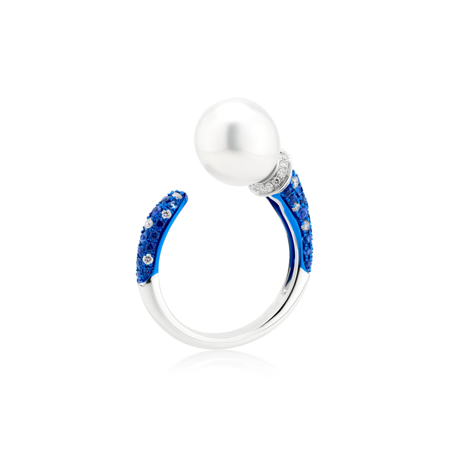 Ring With Sapphire,Pearl And Diamond In 18K White Gold And Blue Rhodium