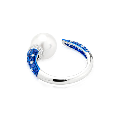 Ring With Sapphire,Pearl And Diamond In 18K White Gold And Blue Rhodium